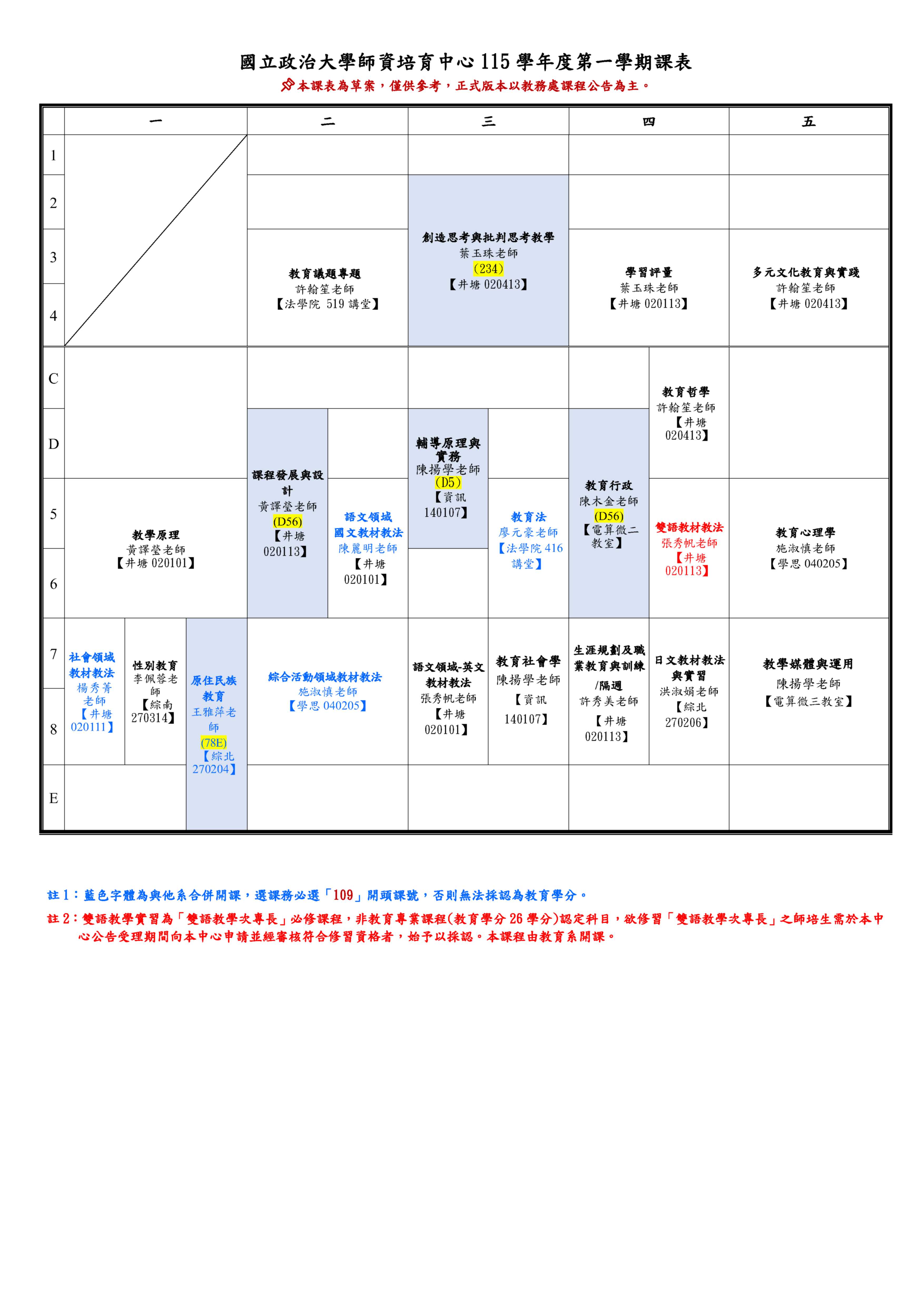 國立政治大學師資培育中心115學年度第一學期課表